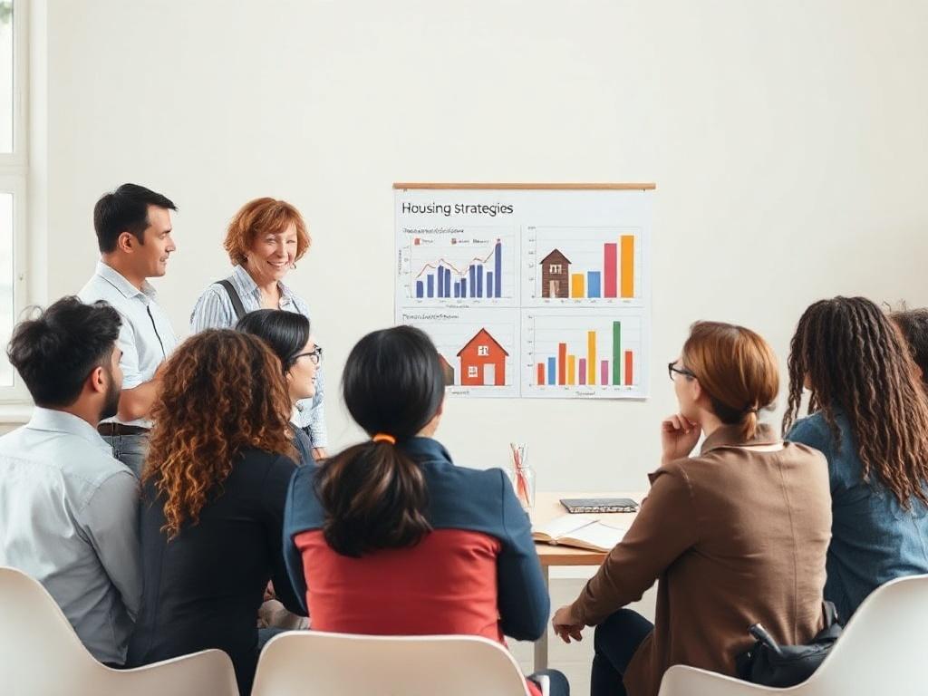 A professional meeting setting with a diverse group of people discussing housing strategies. The focus is on a family-oriented presentation, with charts and graphs in the background. The atmosphere is warm and collaborative, showcasing engagement and trust.