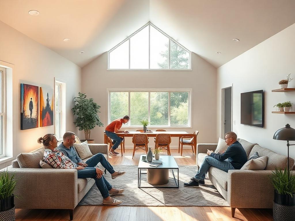 A modern co-living home designed for veterans, featuring shared common areas and private rooms. The image should showcase a warm and inviting atmosphere, with veterans interacting in common spaces, highlighting community and support.