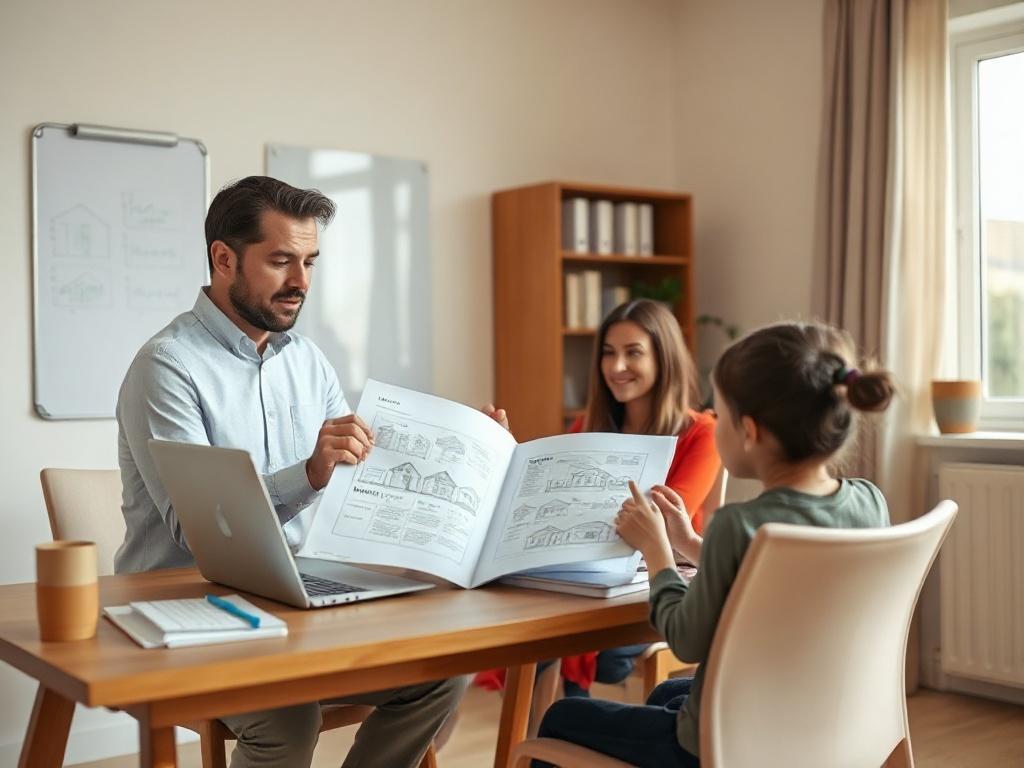 A warm and inviting office space with a consultant sitting at a desk, reviewing housing plans and discussing with a family. The background shows a whiteboard with housing strategies and a window with natural light. The composition should be simple and clear, highlighting the consultant and family interaction.