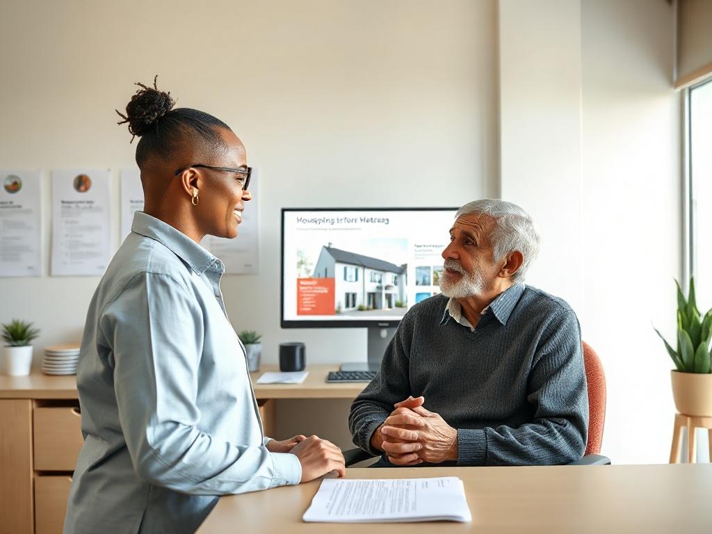 A friendly housing coordinator meeting with a veteran in a welcoming office environment. The background features housing brochures and a computer displaying housing options. The scene emphasizes collaboration and support, showcasing the coordinator's attentiveness.