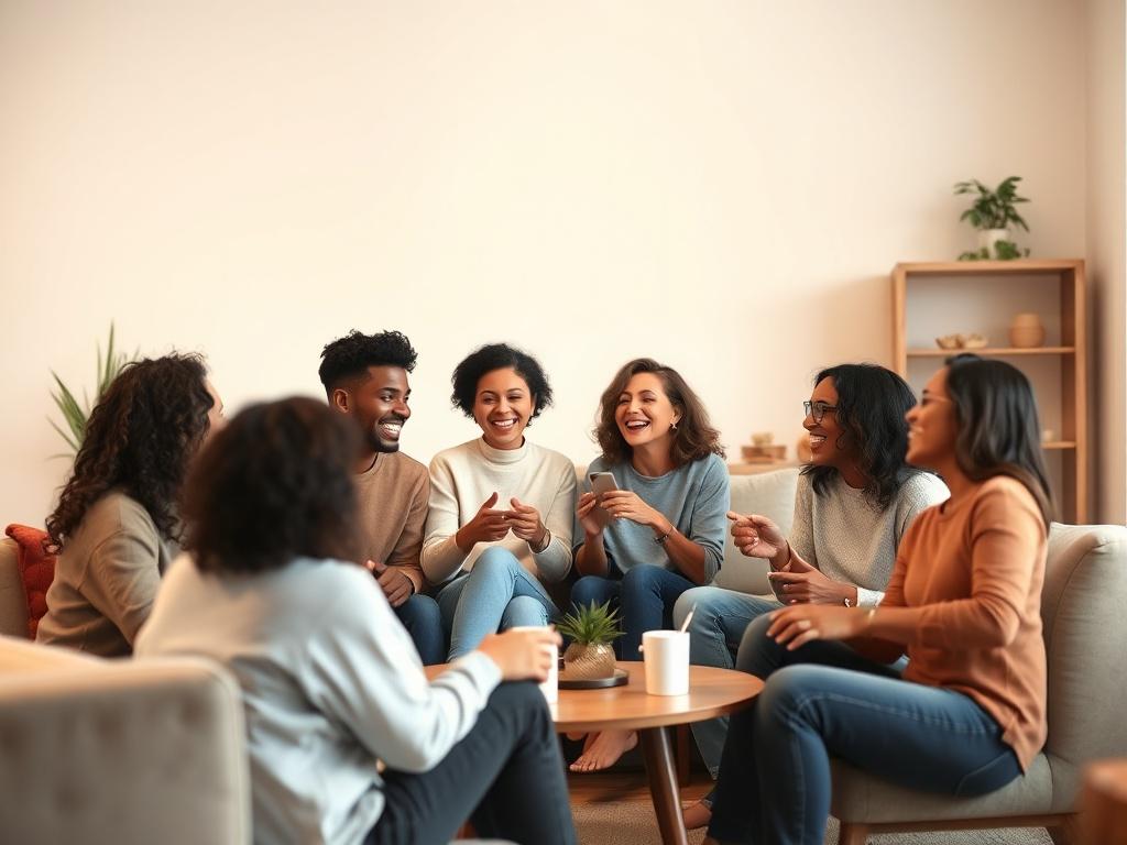 A realistic high-resolution photo of a diverse group of adults engaged in a collaborative and friendly co-living environment. The scene should show them sharing a communal space, such as a cozy living room or kitchen, with modern furniture and warm lighting. The focus should be on their interactions, showcasing laughter and teamwork, while maintaining a clean and minimalistic aesthetic. The background should be simple and uncluttered, emphasizing the sense of community and support.