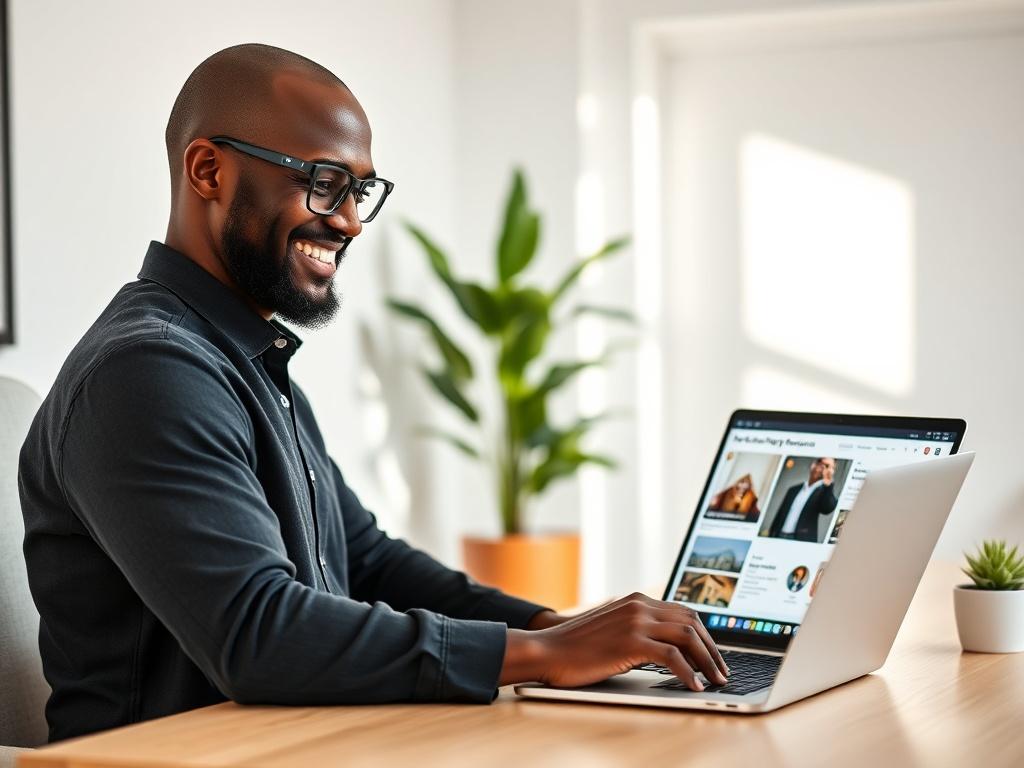 A black bald bearded man in his 30s, wearing glasses, is smiling and engaging with a prospect in a bright, welcoming office environment. He is pointing towards a laptop screen displaying various housing resources. The background features a clean, modern office setup with minimalistic decor, soft lighting, and a green plant to add warmth. The focus is on the man as he demonstrates his role as a screener and coordinator, conveying a sense of trust and professionalism.