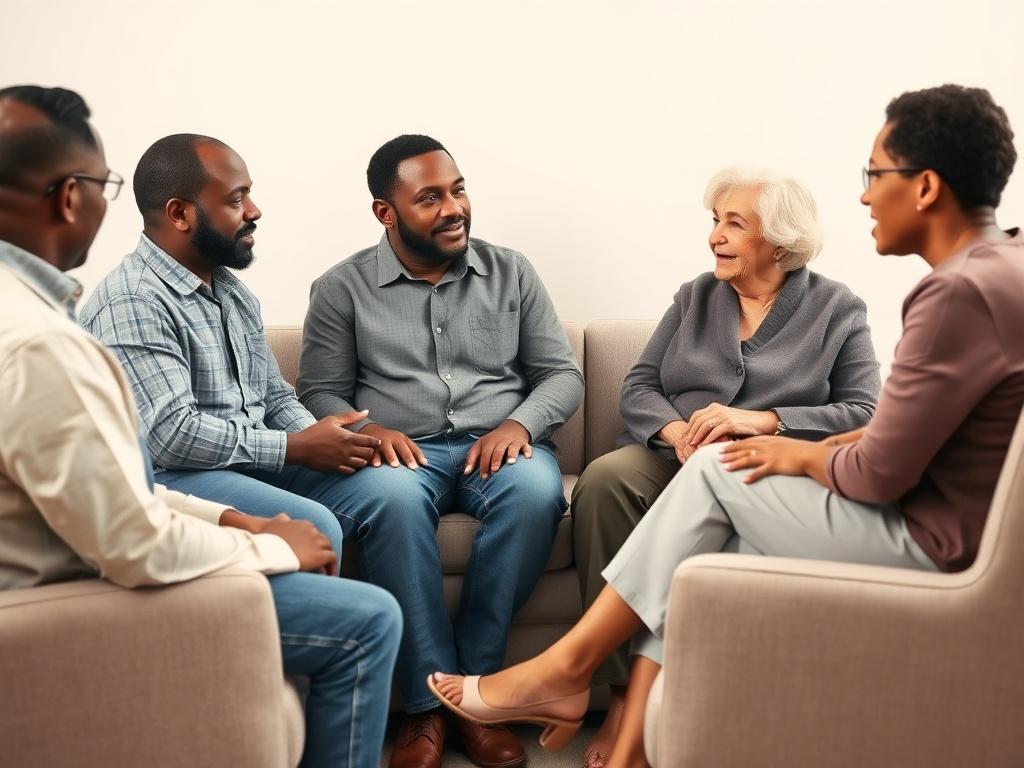A supportive group setting featuring six individuals, including three Black people, engaging in a discussion. The setting is warm and inviting, with comfortable seating and soft lighting. The individuals represent a diverse group of veterans, retirees, and adults, all expressing empathy and understanding. Some are sharing experiences while others listen attentively. The background is simple, emphasizing the group dynamic and the sense of community. The overall atmosphere conveys safety, support, and collabo