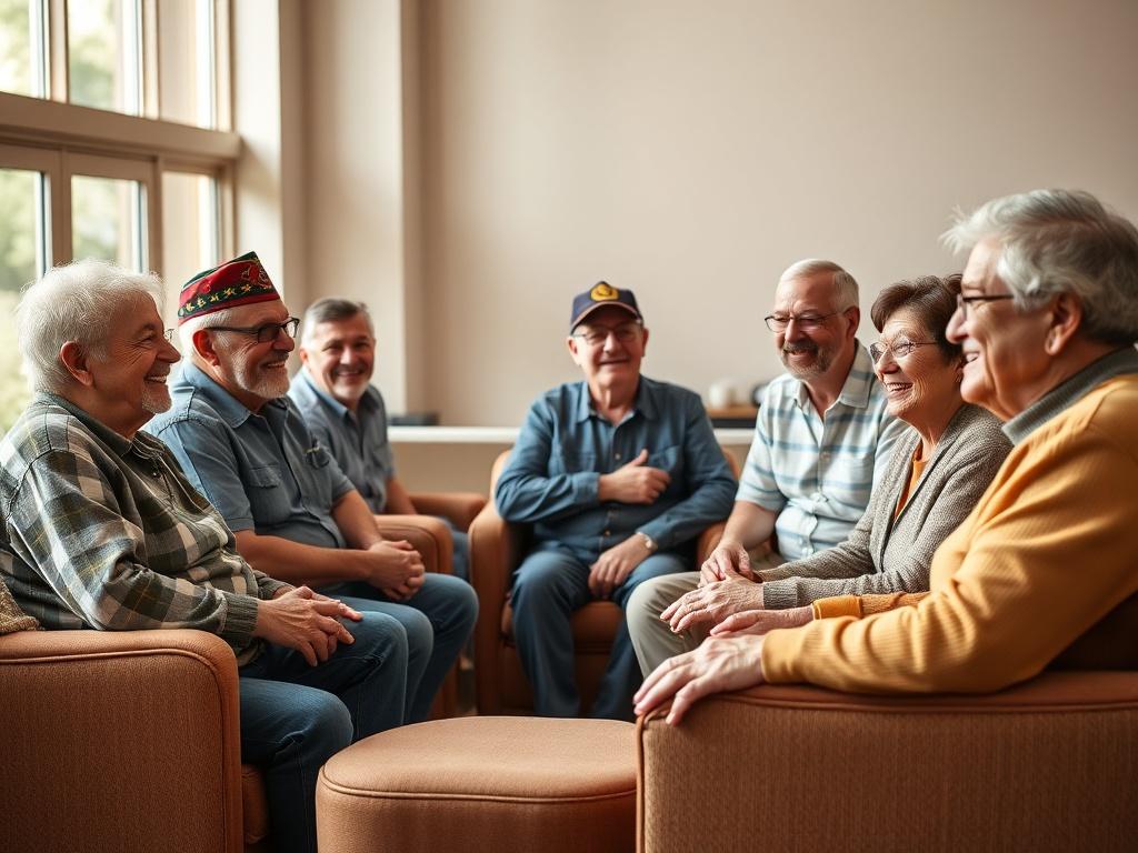 A realistic high-resolution photo of a friendly, diverse group of veterans gathered in a community center, smiling and engaging in conversation. The setting is warm and inviting, with comfortable seating and natural light coming from large windows. The focus is on camaraderie and support, emphasizing a sense of belonging and community, with a clean and minimalistic design style.