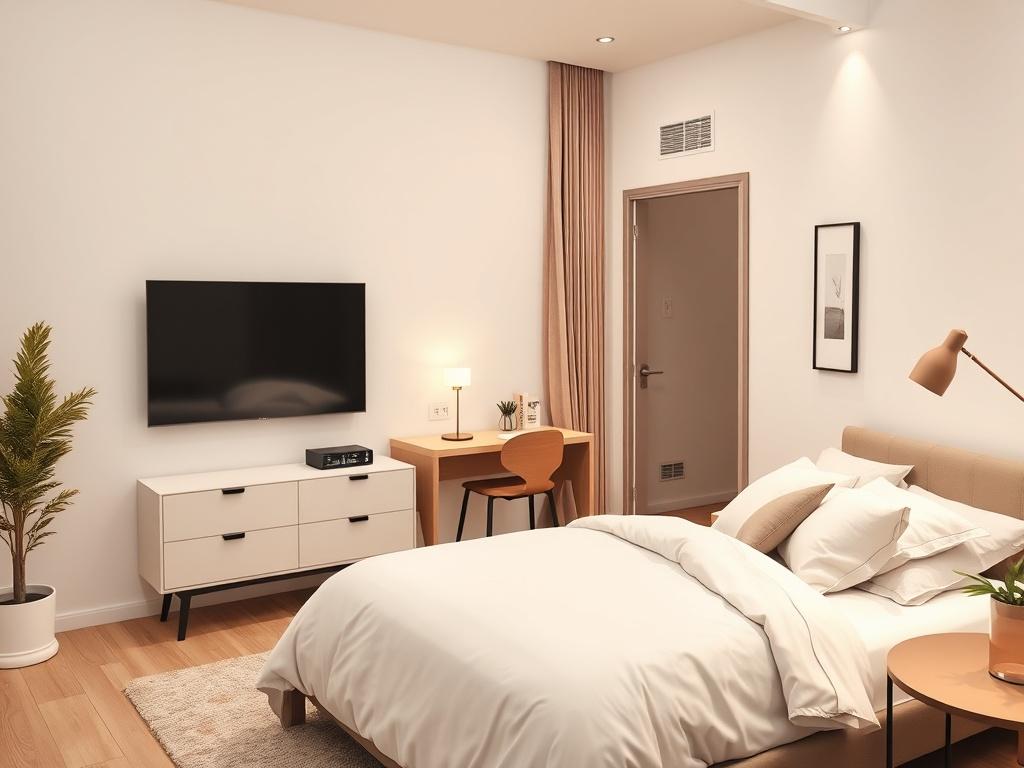 A clean and modern bedroom scene featuring a neatly made bed with soft linens, a stylish TV mounted on a stand, a simple yet elegant desk with a lamp, and organized decor. The room should have minimal clutter, emphasizing a warm and inviting atmosphere. The color palette should be soothing with soft tones, and the overall composition should highlight comfort and functionality.