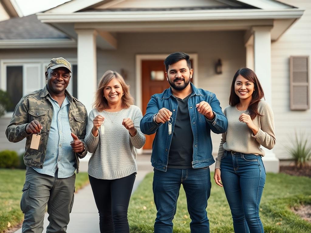 A realistic high-resolution photo of four diverse co-livers standing in front of a home, each holding their house keys. The group includes a Black man, a White woman, a Hispanic man, and an Asian woman, all smiling and happy to be neighbors. The Black man is a veteran, wearing casual attire with a hint of military style. The White woman has a friendly expression, wearing a comfortable outfit. The Hispanic man appears enthusiastic, showcasing his keys, while the Asian woman stands proudly beside him. The hou