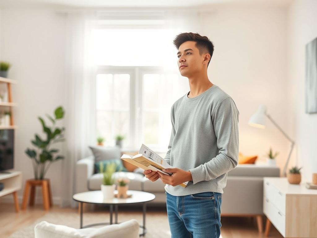 **Prompt for AI Image Generation:**

Create a realistic high-resolution photo that captures the essence of navigating safe and affordable housing options. The image should prominently feature a single subject: a thoughtful young adult (preferably in their late 20s to early 30s) standing in a bright, inviting apartment living room space. The subject should be casually dressed, holding a set of housing brochures or a laptop, contemplating their housing options with a focused yet relaxed expression. 

The back