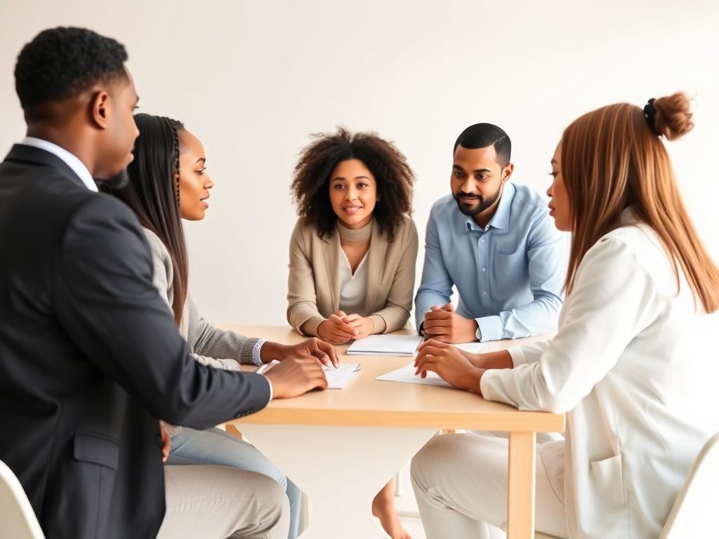 A clean, minimalistic image featuring a diverse group of professionals in a bright, welcoming office environment. They are engaged in a collaborative discussion around a table, showcasing teamwork and partnership. The background should be simple with neutral colors, emphasizing the importance of collaboration and support for adults facing homelessness.