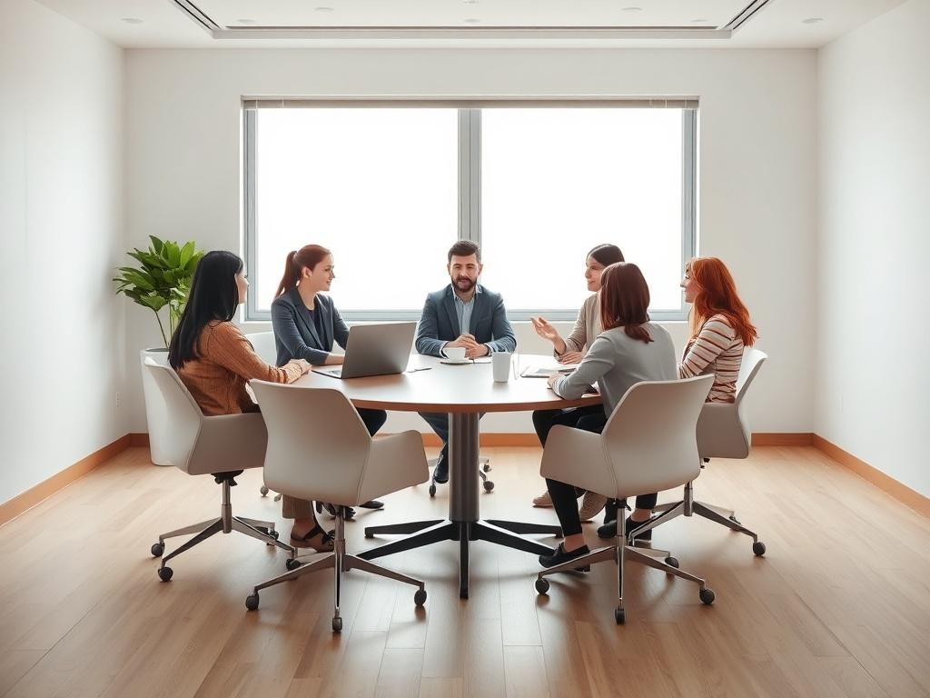 A professional meeting room with a round table, social workers discussing housing options with Family First Living Solutions representatives, a large window with natural light, and a modern, clean aesthetic.