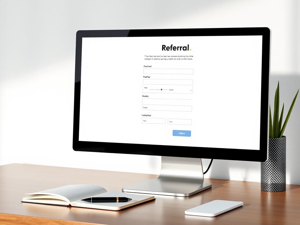 A close-up shot of a computer screen displaying a user-friendly online referral form, with a clean and modern design, alongside a notebook and pen, symbolizing the referral process.