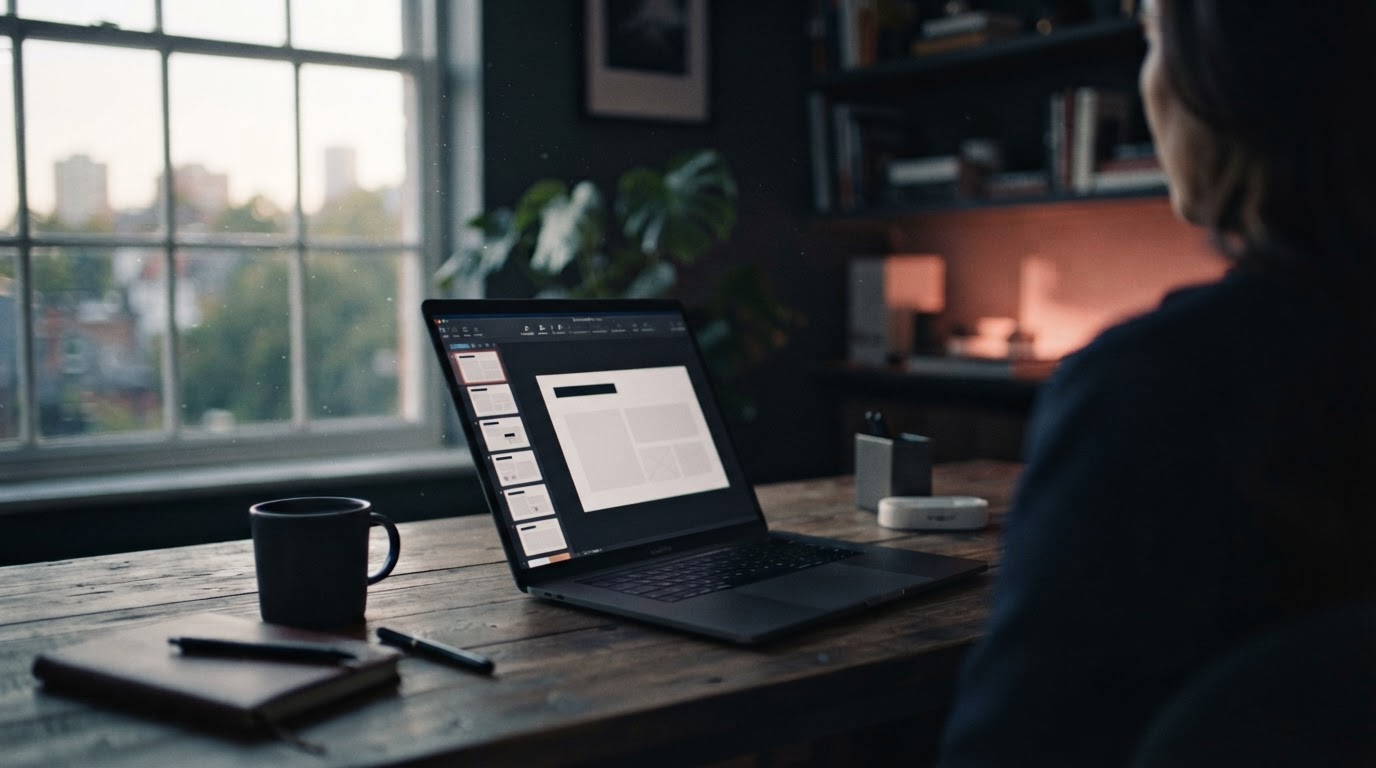A presentation being assembled in Deckhouse on a laptop, lit by soft window light