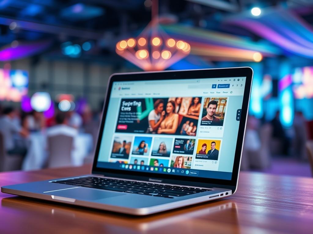 A close-up shot of a modern event booking platform interface displayed on a laptop. The screen shows vibrant event graphics and a user-friendly layout. The background is softly blurred to emphasize the laptop, with a colorful event venue in the distance.