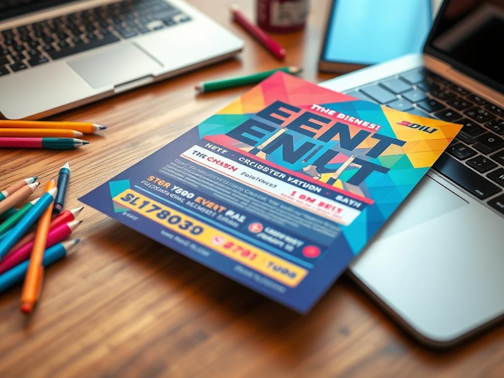 A close-up shot of a vibrant event flyer displayed on a wooden table, surrounded by colorful pens and a laptop. The flyer features bold graphics and clear event details, creating an inviting and engaging visual.