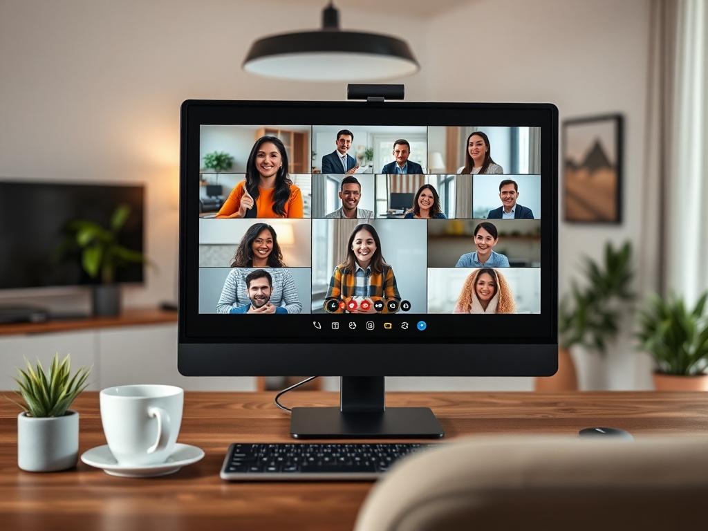 A close-up shot of a virtual event hosting platform displaying an engaging video conference with multiple participants on screen. The background features a professional and modern home office setup, enhancing the virtual meeting atmosphere.