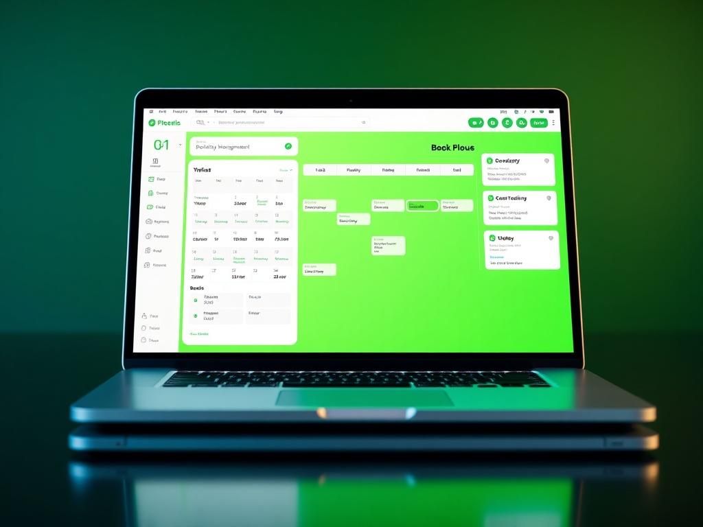A close-up shot of a laptop displaying a user-friendly booking management interface, with a vibrant green background to reflect the brand's color. The screen showcases a calendar filled with booking dates, alongside notifications appearing on the side, indicating new bookings and updates. The laptop is centered in the frame, highlighting its sleek design and modern technology.