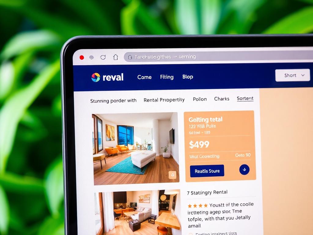 A close-up shot of a vibrant property listing on a digital platform, featuring stunning images of a rental property. The background is a lush green, highlighting the brand's color. The listing displays engaging text, attractive visuals, and interactive elements, showcasing the appeal of the rental, with a focus on the details that make it unique.