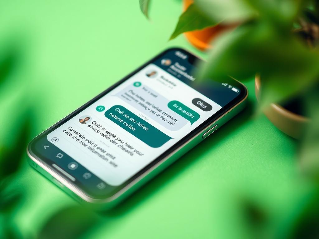 A close-up shot of a smartphone displaying a customer communication app interface, surrounded by a green-themed background. The screen shows a chat conversation with a guest, highlighting quick responses and helpful information. The phone is stylishly designed, emphasizing modern connectivity and user-friendly interaction.