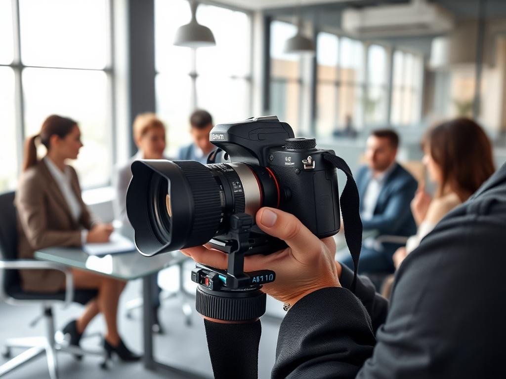 A professional photographer capturing a business meeting in a modern office setting. The subject is a diverse group of professionals engaged in discussion, showcasing collaboration and teamwork. The background features sleek office furniture and large windows letting in natural light, creating a vibrant and productive atmosphere. The focus is on the photographer's camera, emphasizing the action of capturing the moment, with a soft blur on the background to highlight the subject. The image should reflect a s