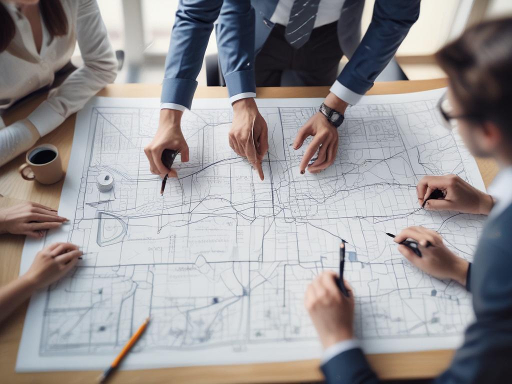 A team of consultants brainstorming over a strategy map in a bright, modern office, focused expression.