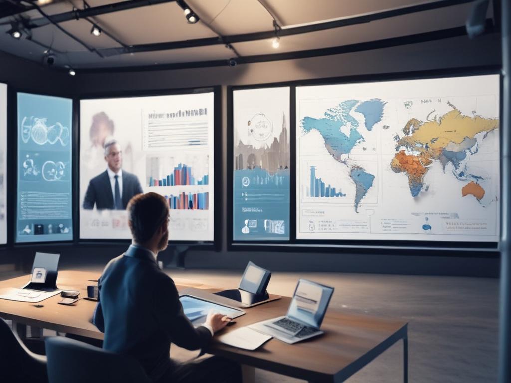 A close-up shot of an experienced consultant presenting a digital transformation strategy on a large screen, with a diverse group of business professionals engaged and taking notes in a modern conference room, emphasizing collaboration and forward-thinking.