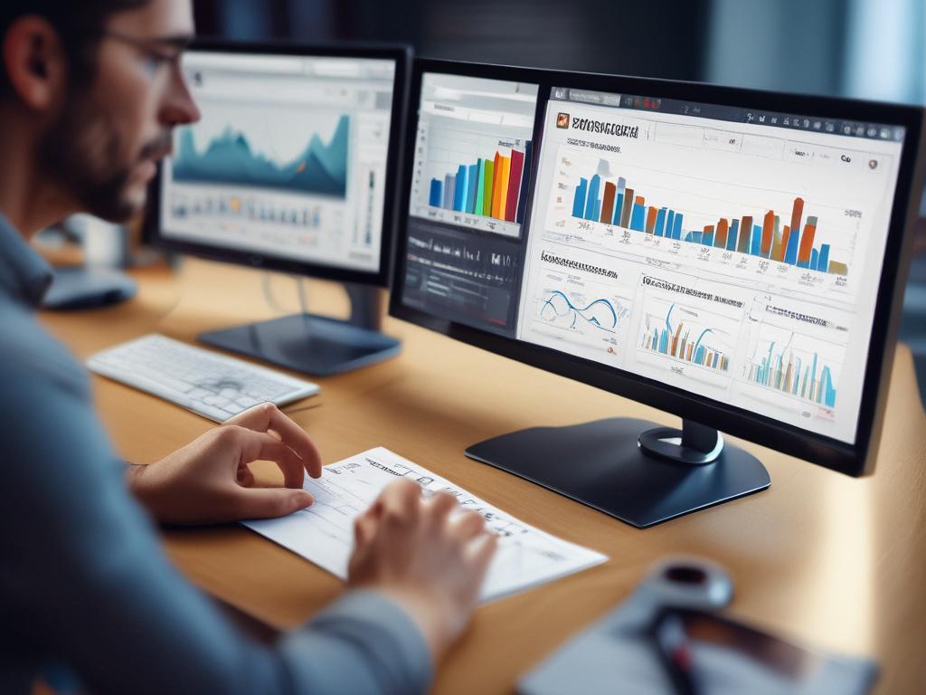 a marketing team analyzing ad campaign performance on a computer screen with graphs and metrics, close-up shot, focused lighting, hyper-realistic, 45mm f/1.2 lens
