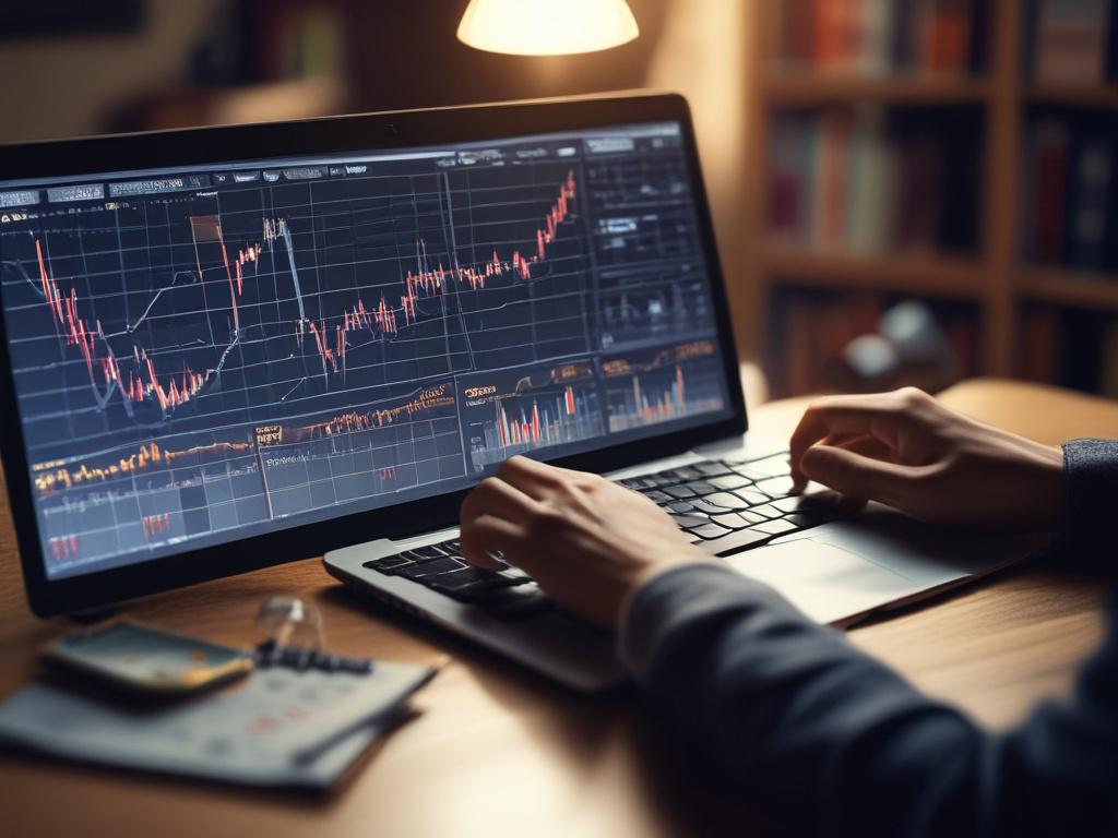 a market researcher analyzing data on a laptop with charts and graphs displayed, close-up shot, focused lighting, hyper-realistic, 45mm f/1.2 lens