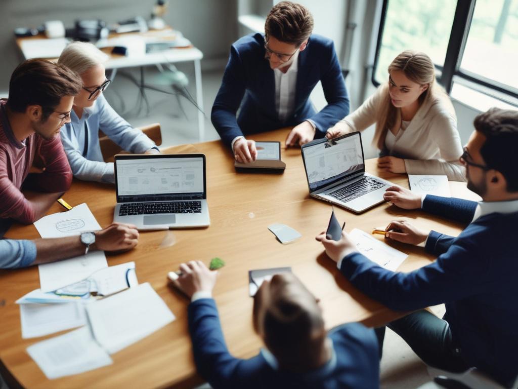 A close-up shot of a marketing team brainstorming at a bright conference table, surrounded by laptops and digital devices, emphasizing collaboration and creativity, shot with a 45mm f/1.2 lens style.