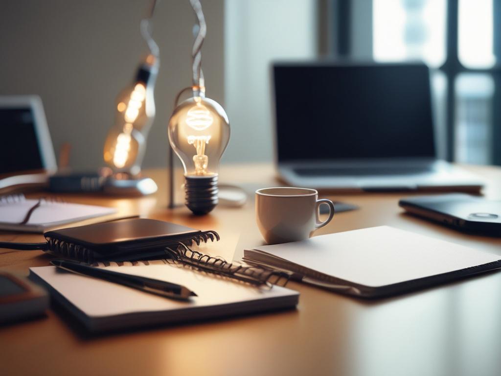 A close-up shot of a light bulb illuminating a business desk with a laptop, notepad, and coffee cup, all in a modern office setting, soft focus, shot with a 45mm f/1.2 lens style.