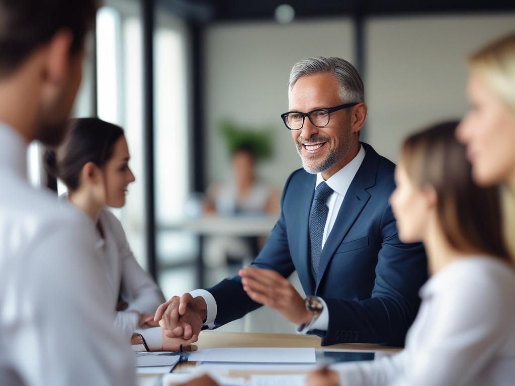 A close-up shot of a confident business leader presenting to a team in a modern office, showcasing engagement and professionalism, shot with a 45mm f/1.2 lens style.