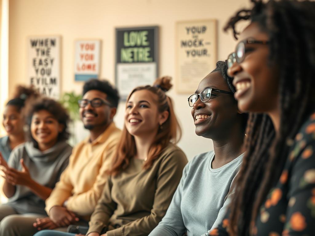 A close-up shot of a diverse group of people engaged in an empowerment workshop, showing enthusiasm and interaction. The setting features a bright, welcoming room with motivational posters on the walls. The image captures their expressions of inspiration and connection, with a warm light illuminating the scene.