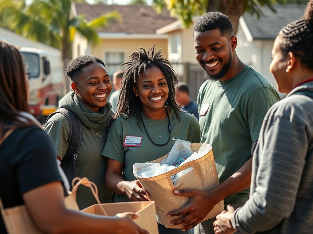 A hyper-realistic image of volunteers participating in a community outreach program, distributing supplies to families in need. The scene is vibrant, with smiling faces and a backdrop of a sunny day in a neighborhood setting. The focus is on the connection between volunteers and community members.