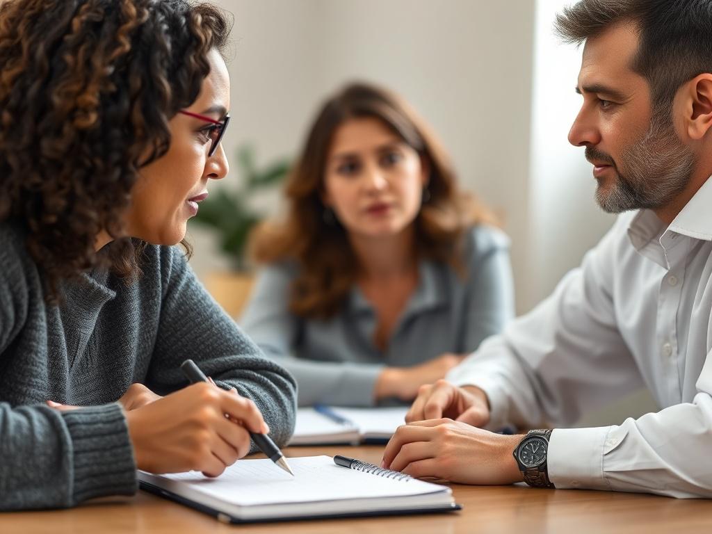 A detailed close-up photo of a coach and a client engaged in a focused conversation, with notebooks and pens on the table. The background is softly blurred, highlighting their expressions of determination and understanding. The atmosphere is calm and encouraging.