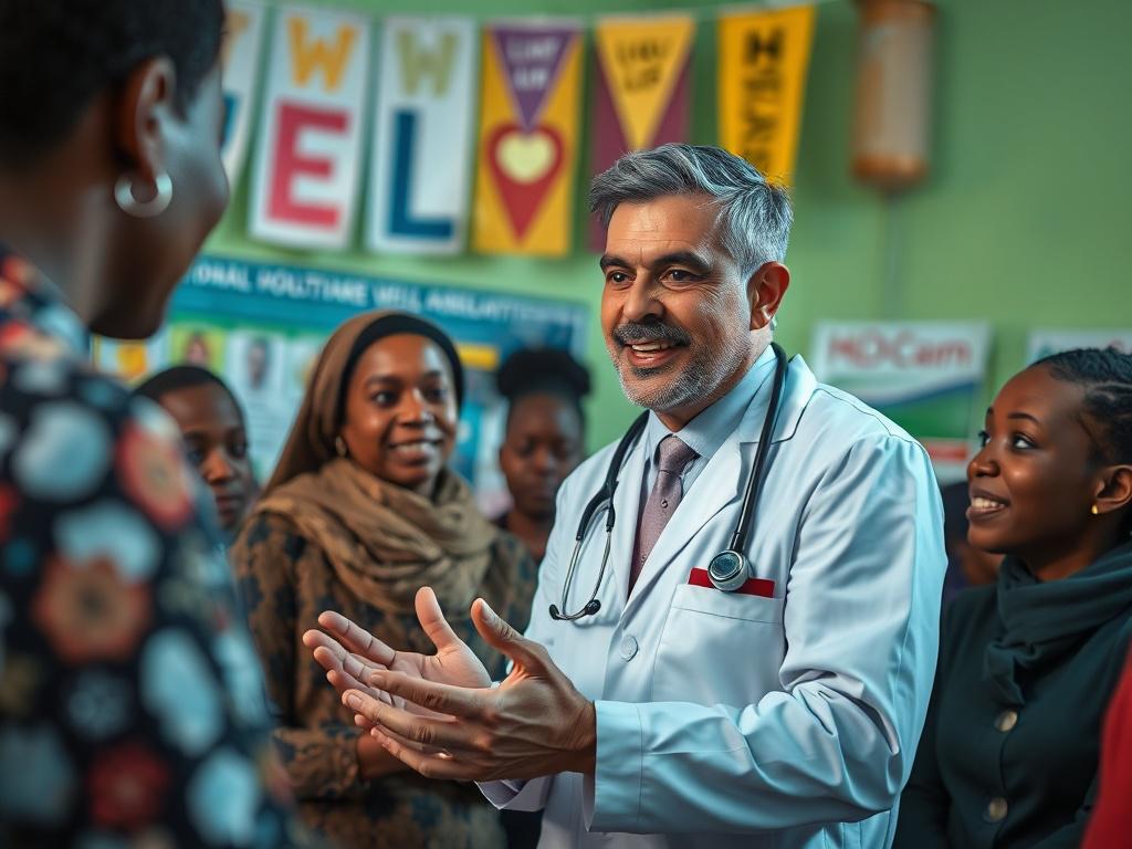 A close-up shot of a healthcare professional engaging with community members during a health awareness workshop. The professional is explaining health practices with enthusiasm, while participants listen intently, showcasing an interactive atmosphere. The setting features colorful banners and health resources in the background, emphasizing the campaign's focus on wellness. The image should be hyper-realistic, shot with a 45mm f/1.2 lens to highlight the expressions of both the professional and the engaged a
