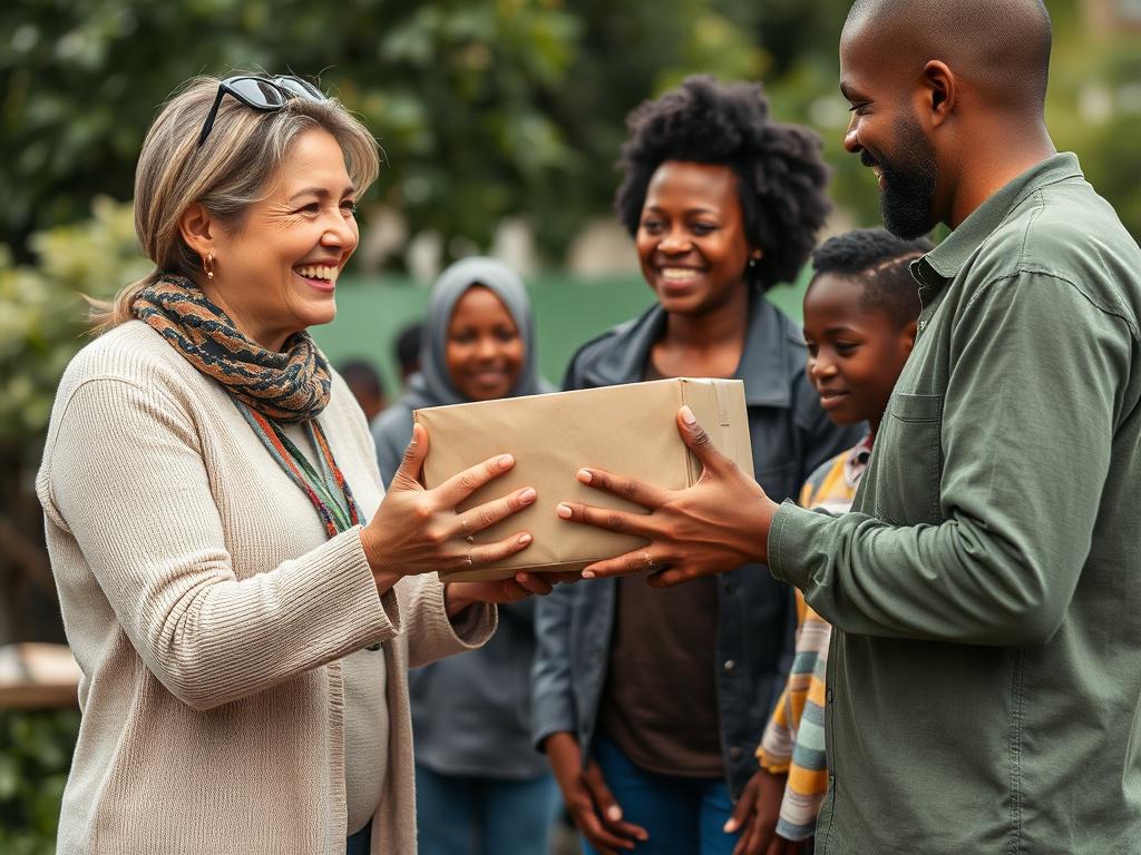 A close-up shot of a volunteer handing a food package to a grateful family in a community setting. The scene captures the joyful expressions of both the volunteer and the family, highlighting the spirit of giving and support. The background should feature a community gathering space, with elements of togetherness and kindness. The photograph should be hyper-realistic, taken with a 45mm f/1.2 lens to emphasize the emotional connection between the volunteer and the family, with a lively green backdrop.