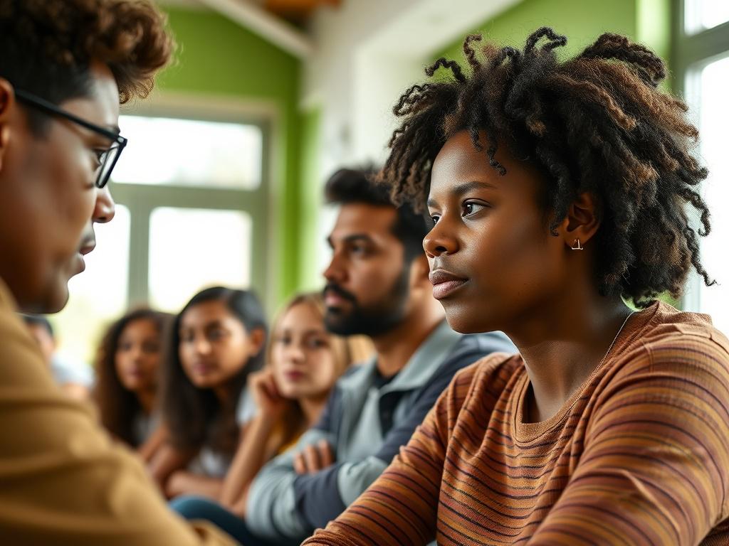 A close-up shot of a diverse group of young adults engaged in a leadership training session, with focused expressions. The setting is a bright, inviting room with natural light streaming in, showcasing a welcoming atmosphere. The image captures their determination and enthusiasm for learning, with a vibrant green background that complements the primary color rgb(50, 170, 39). The photograph should be hyper-realistic, using a 45mm f/1.2 lens to create a shallow depth of field.