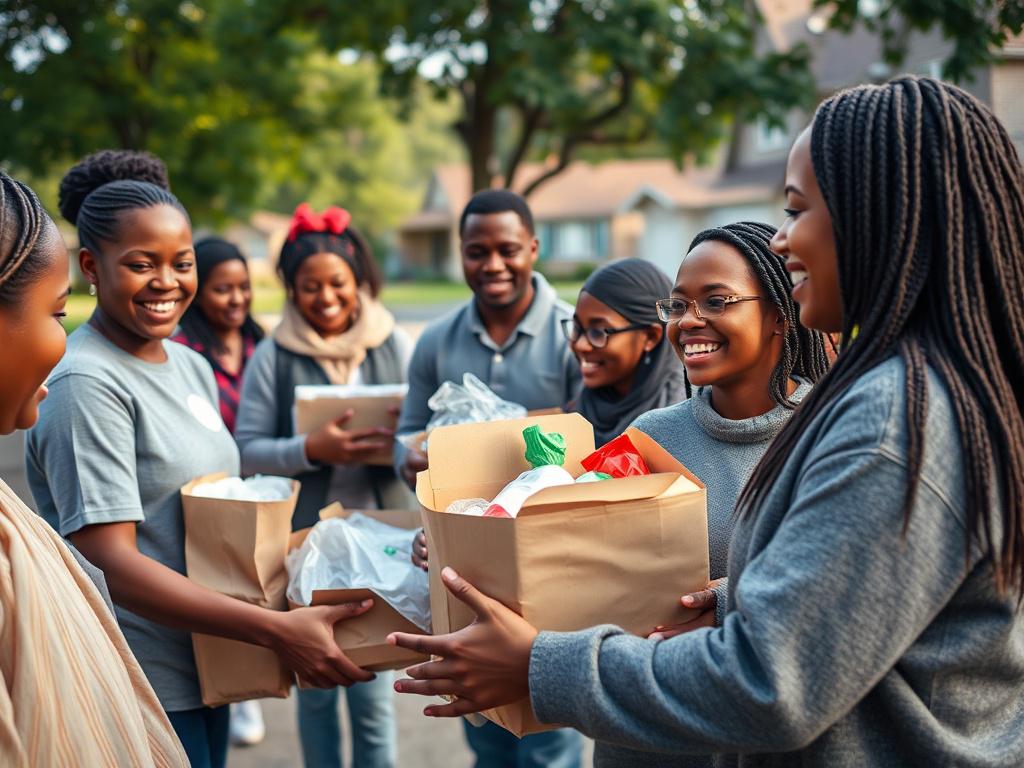 A group of volunteers engaging in a community outreach program, distributing food and supplies to families in need. The scene captures the joy and connection between volunteers and recipients, highlighting the spirit of giving. The background shows a neighborhood setting, with trees and homes, emphasizing the community focus. The image is vibrant, warm, and inviting, showcasing the impact of the outreach efforts.