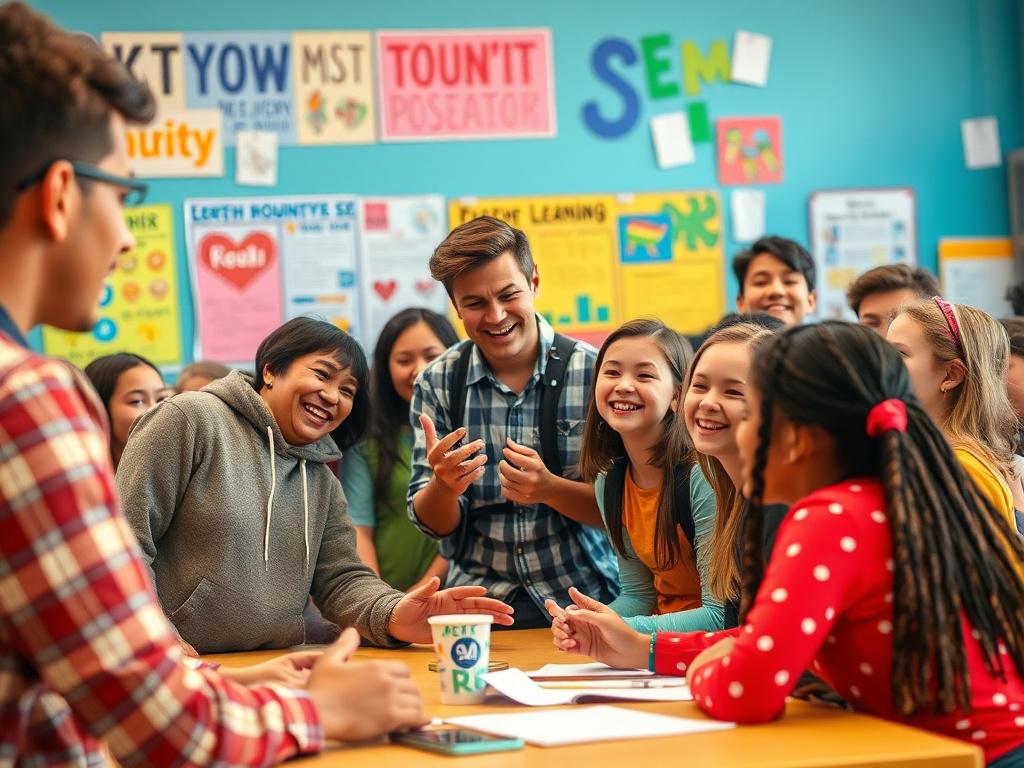 A vibrant workshop setting filled with enthusiastic young participants engaging in interactive activities. The focus is on a facilitator guiding a group discussion, with smiles and excitement all around. The backdrop features colorful posters and materials that promote creativity and learning. The atmosphere is lively and energetic, capturing the essence of youth empowerment.