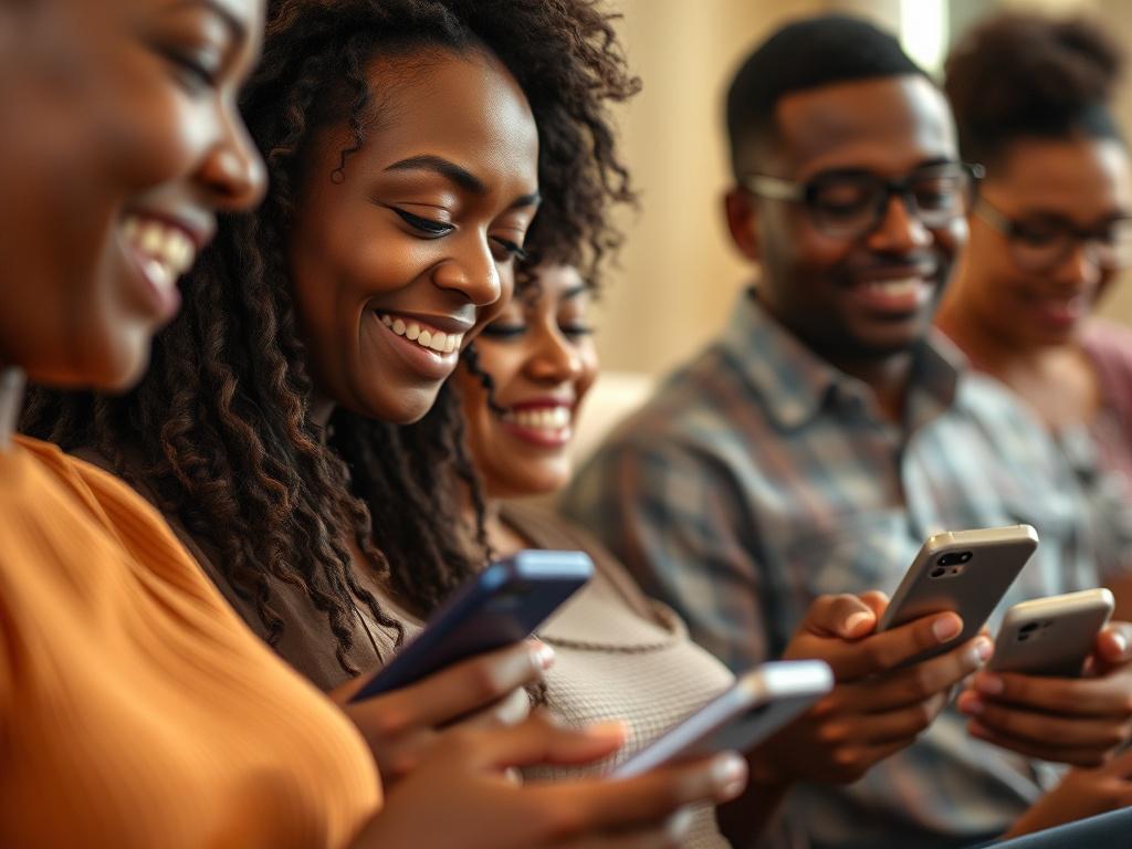 A close-up shot of a diverse group of people actively engaging with their phones, listening to a live church service on Mixlr. The setting should be cozy and inviting, with soft lighting to create a comforting atmosphere. The focus should be on the expressions of joy and connection on their faces, emphasizing the sense of community. The background should be blurred to keep attention on the subjects, with colors compatible with rgb(50, 170, 39).