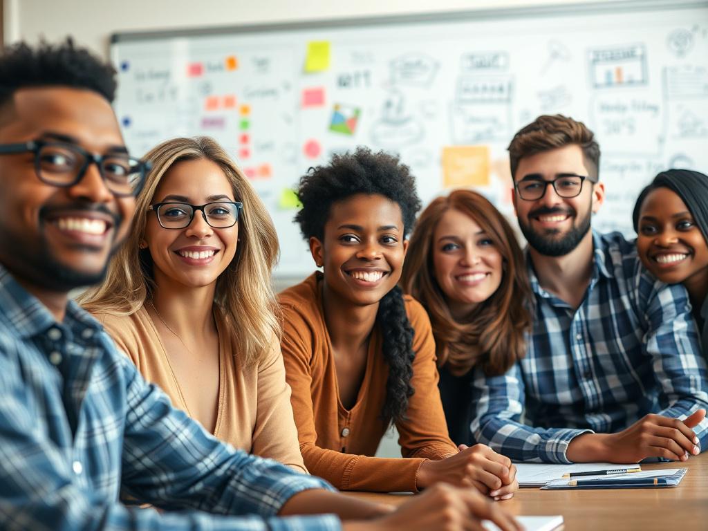 A close-up shot of a diverse group of individuals engaged in a collaborative workshop, showcasing their determination and enthusiasm. The setting is bright and inviting, with natural light filtering in. The background features a whiteboard filled with colorful notes and drawings, symbolizing creativity and brainstorming. The focus is on the participants, capturing their expressions of motivation and hope, shot with a 45mm f/1.2 lens style.