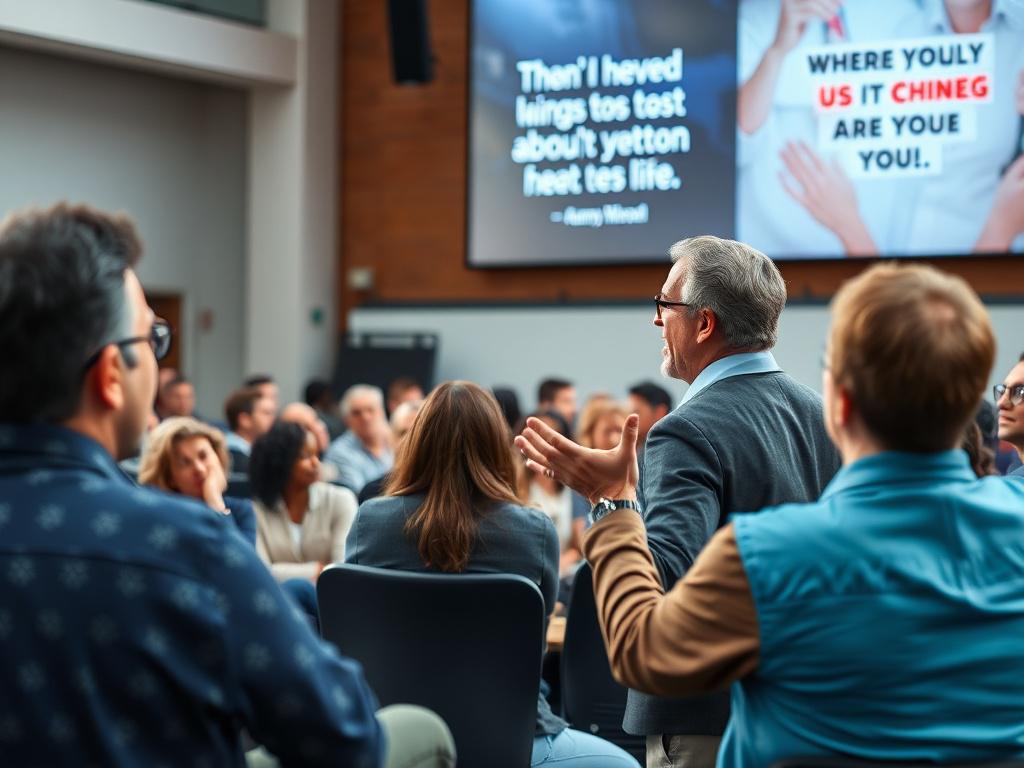 A vibrant scene capturing an inspiring speaker addressing an engaged audience at a seminar. The speaker, a confident individual, gestures passionately while the audience listens intently, showcasing a mix of emotions from excitement to inspiration. The background features a large screen displaying motivational quotes, enhancing the atmosphere of empowerment. This image is shot in a bright, open space with natural lighting, using a 45mm f/1.2 lens style.