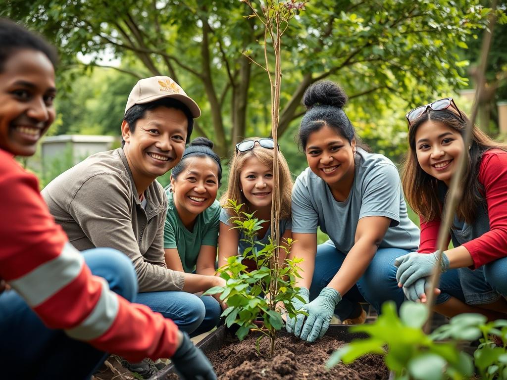 An engaging scene depicting volunteers working together on a community project, such as planting trees or painting a local school. The volunteers represent a diverse group, showcasing teamwork and camaraderie. The setting is outdoors, filled with greenery and a sense of community spirit. The image captures the joy and satisfaction on their faces, emphasizing the impact of their efforts, shot with a 45mm f/1.2 lens style.