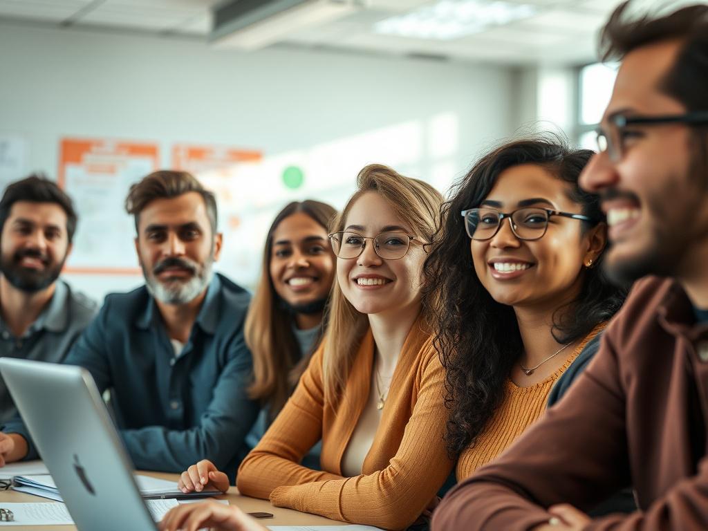 A hyper-realistic close-up of a diverse group of engaged individuals participating in a workshop at a university setting. The atmosphere is lively and inspiring, with natural lighting highlighting their expressions of curiosity and determination. The background features a modern classroom with educational materials, and the overall color scheme incorporates shades of green, particularly rgb(50, 170, 39), to emphasize growth and positivity.