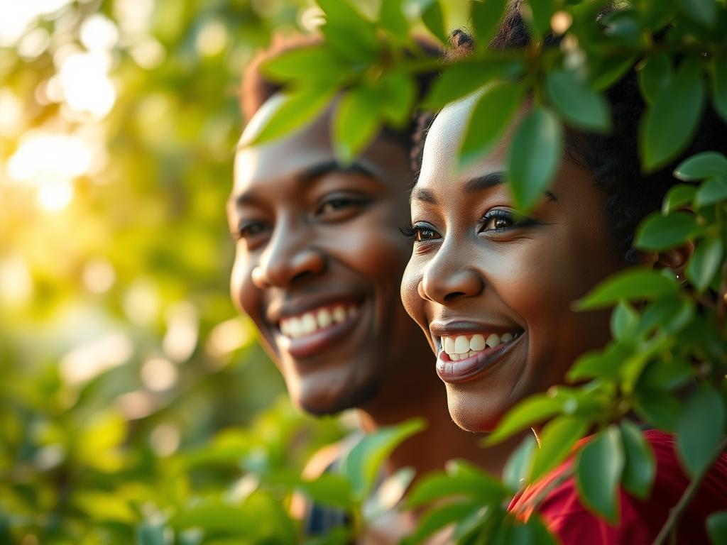 A close-up shot of a smiling individual in a vibrant green environment, showcasing a sense of hope and positivity. The individual should be engaged in a meaningful activity, like mentoring or sharing ideas with others. The background should be softly blurred to accentuate the subject, with rich greenery and warm natural light creating an inviting atmosphere. The image should reflect emotions of empowerment and transformation, captured with a 45mm f/1.2 lens.