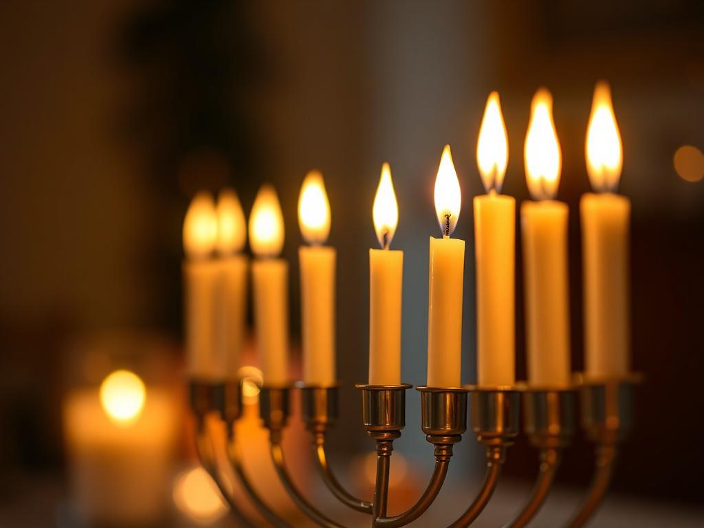 A hyper-realistic close-up shot of a beautifully lit menorah with glowing candles, symbolizing Hanukkah. The background should be softly blurred, highlighting the warmth and light emanating from the candles. The image should capture a serene and peaceful atmosphere, evoking feelings of joy and celebration. Use a 45mm f/1.2 lens style, focusing on the flames and intricate details of the menorah, with an emphasis on the vibrant green hue that complements the primary color rgb(50, 170, 39).