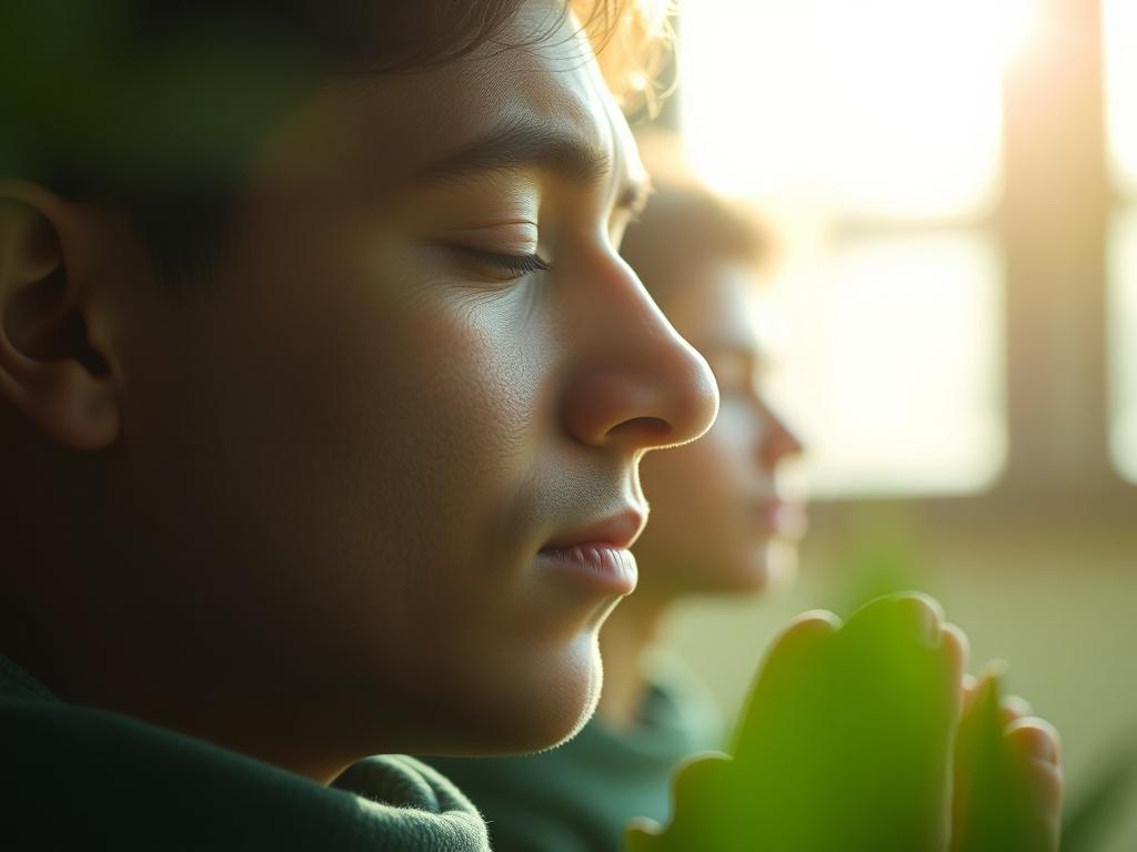 Capture a close-up shot of a person in deep prayer, eyes closed, with a serene expression, surrounded by natural light filtering through a window. The background should be softly blurred, focusing solely on the individual. The color palette should include elements of green, reflecting the primary color rgb(50, 170, 39), to convey a sense of peace and tranquility.