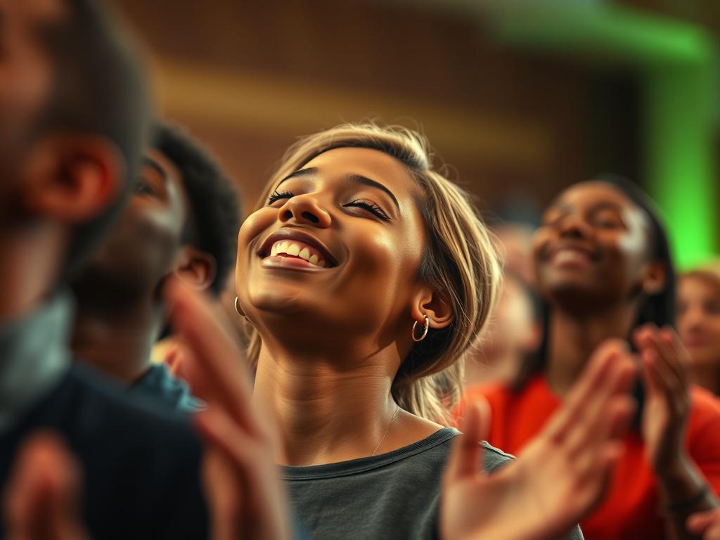 A close-up shot of a diverse group of believers in a vibrant worship setting, hands raised in praise and worship. The focus is on one individual with a joyful expression, eyes closed, reflecting deep connection and reverence. The background is softly blurred, showcasing warm lighting and a sense of community. The primary color theme is rgb(50, 170, 39) to enhance the uplifting atmosphere.