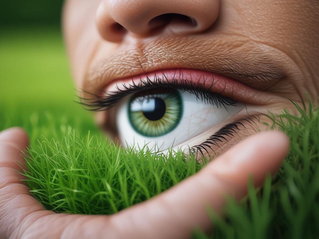 A close-up shot of lush, vibrant artificial grass, showcasing its realistic texture and color. The image should have a simple composition focusing solely on the grass, with a blurred natural background to enhance the grass's vividness. Captured with a 45mm f/1.2 lens to emphasize the details.