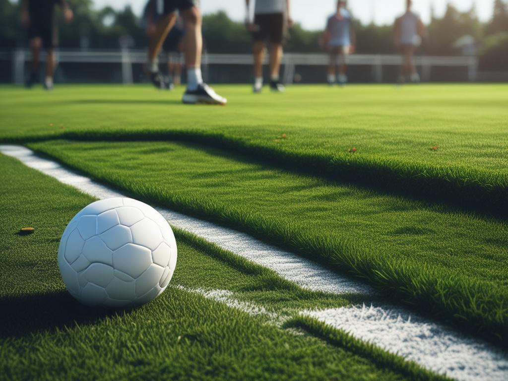 A close-up shot of recreational turf, emphasizing its durable and lush appearance. The image should focus solely on the turf, with a blurred background showing people engaging in sports or activities to convey a lively environment. Captured with a 45mm f/1.2 lens to highlight the texture of the grass.