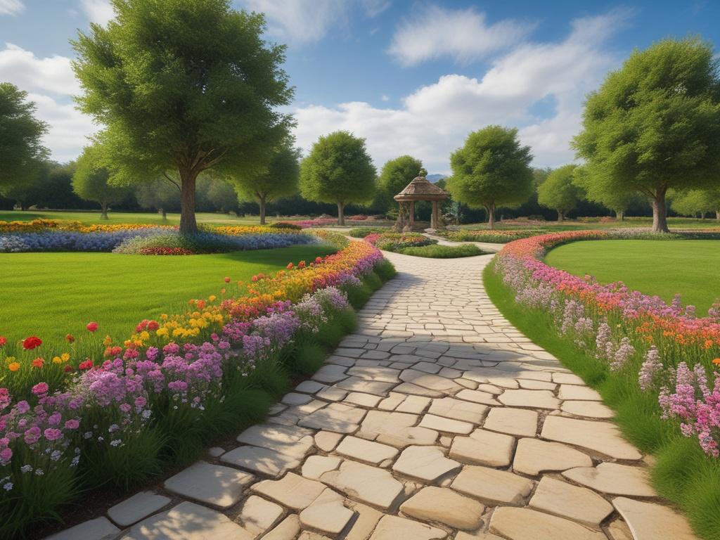 A serene landscape scene showing a well manicured garden with