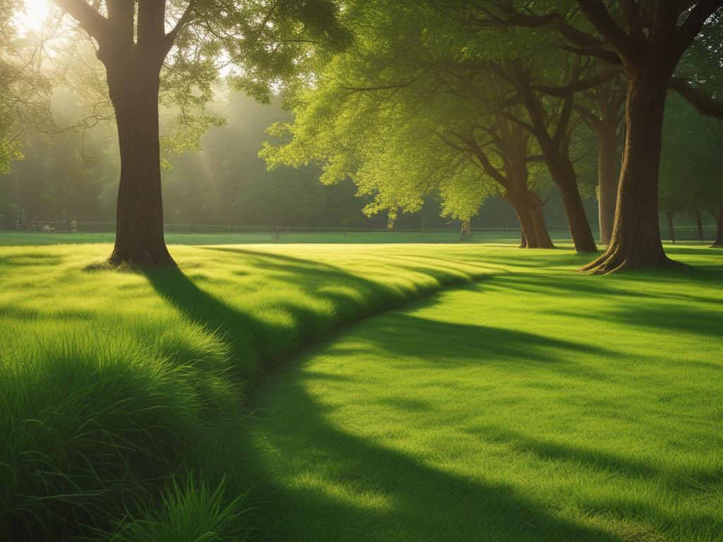 a lush green lawn with vibrant grass, surrounded by trees,
